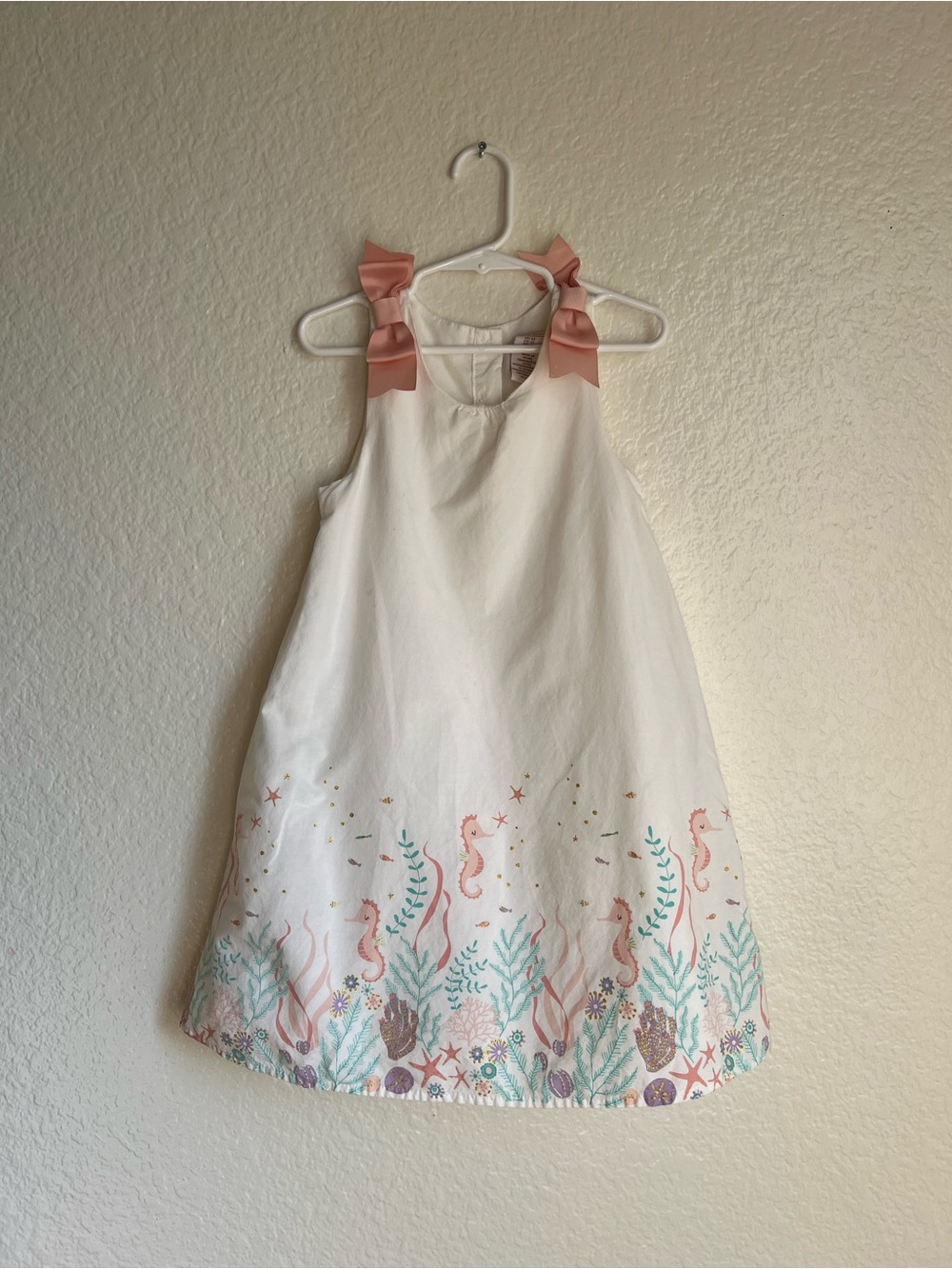 Catherine Malandrino White Dress with Pink Shoulder Bows and Sea Life Embroidery